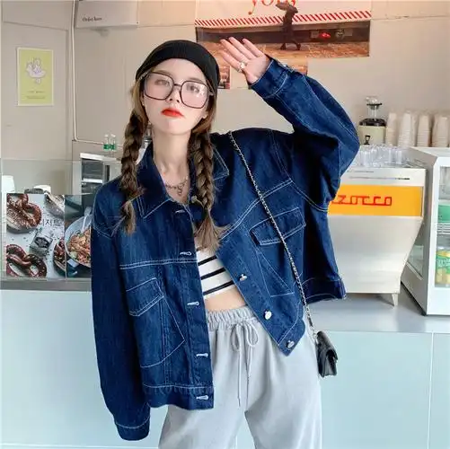 实拍实价深蓝色斜纹口袋牛仔外套女春季宽松百搭短款牛仔上衣潮