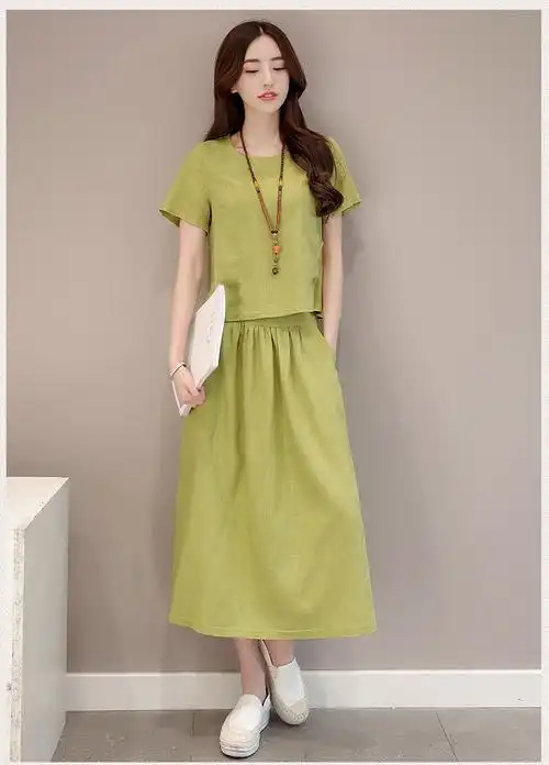 【文艺风超值低价】夏季新款棉麻套装女中长款亚麻套装裙两件套