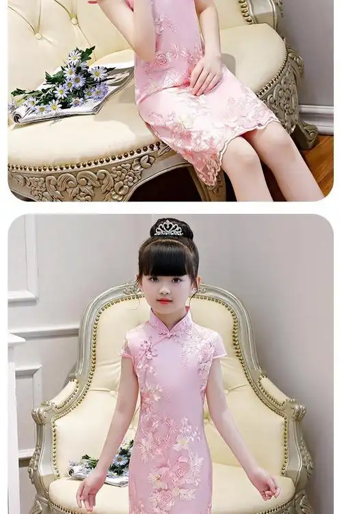 古筝演出服中国风修身小女孩公主裙香槟中袖旗袍送皇冠130码重4147斤