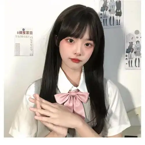 假发女中长发圆脸修脸网红空气刘海可爱少女自然长逼真全头套浅棕色送