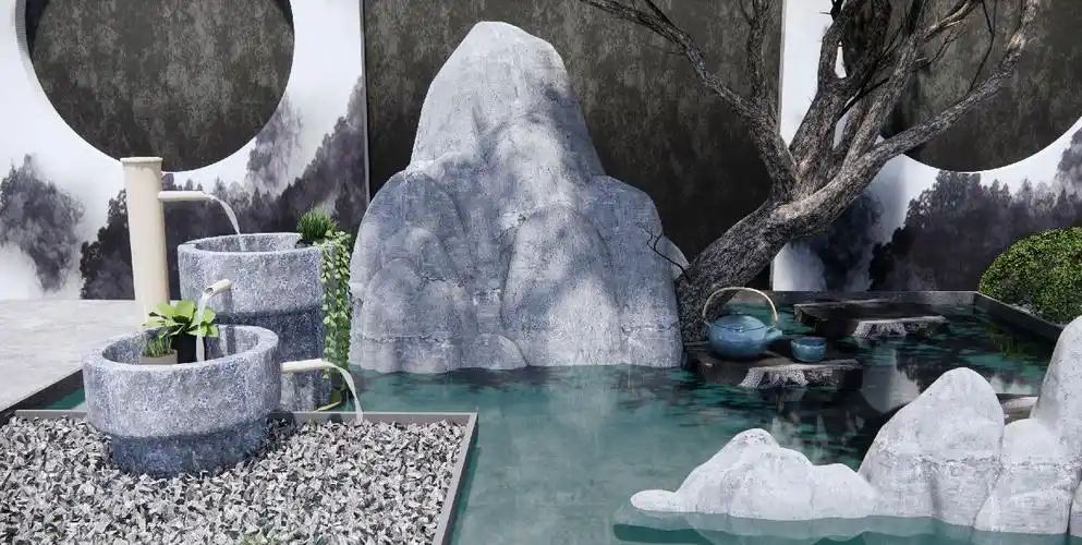 新中式假山水景景观树禅意庭院景观景墙围墙流水景观小品原创su模型