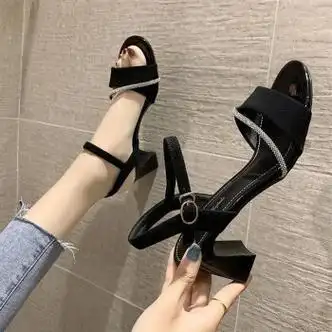 鱼嘴凉鞋女2023年新款夏季一字扣带高跟鞋百搭女士仙女风黑色8厘米35