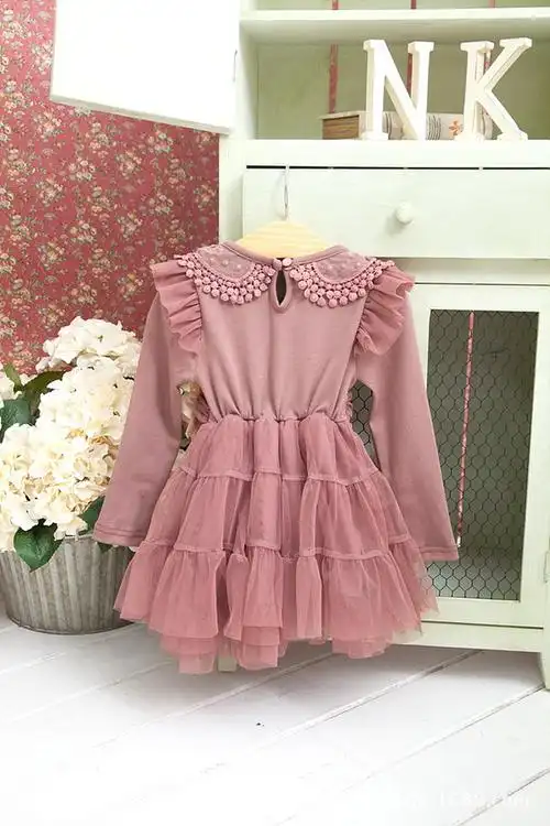 一件代发韩国童装2014春装女童蕾丝连衣裙粉色网纱淑女公主裙