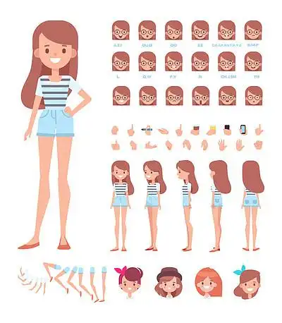 矢量动画人物创作集在水之下潜水员浮潜潜水全长,正面,侧面,背面图