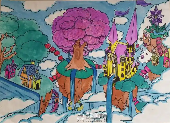 三等奖小学生科幻画作品《空中梦想城》欣赏