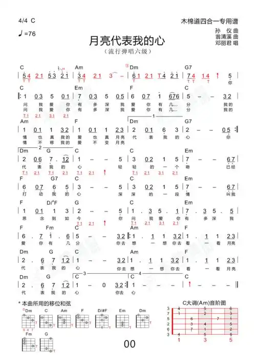 月亮代表我的心(四合一吉他谱 木棉道琴行)