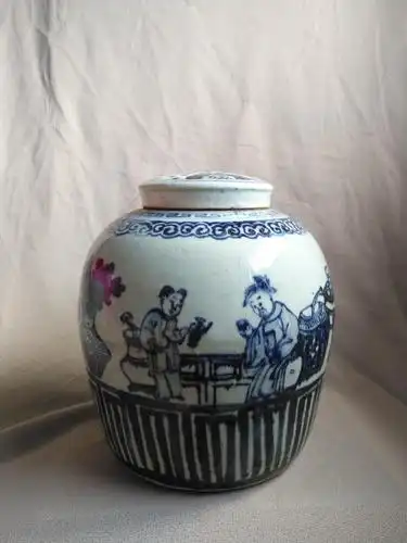 清代民窑人物纹青花盖罐,高22厘米._新浪看点