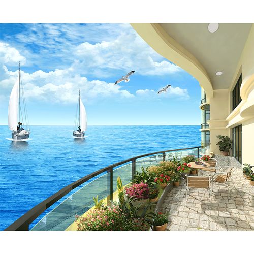 直播间背景墙5d立体壁纸高清简约真海景阳台新款背景布主播3d几何立体