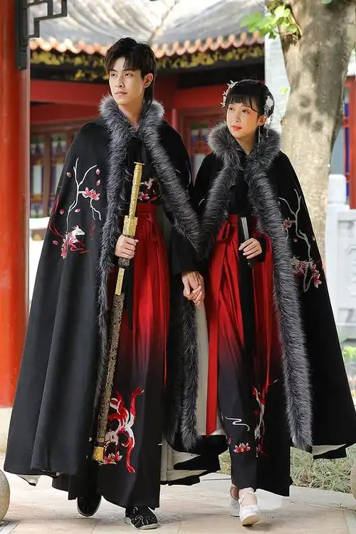 长款黑色加绒侠客绣花毛领古装披风外套冬 纯黑色斗篷(125cm)_纯黑色