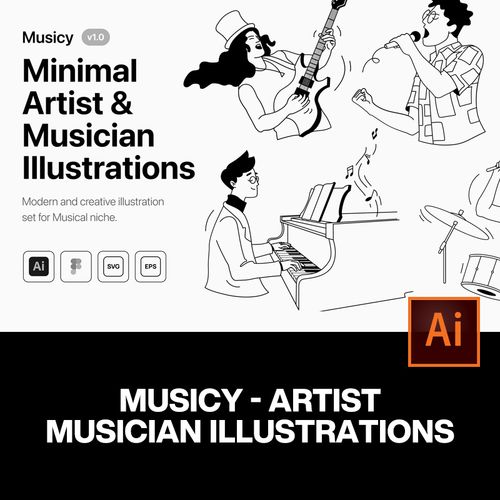 12款音乐会演出演唱会乐器演奏线描手绘人物插图插画ai设计素材