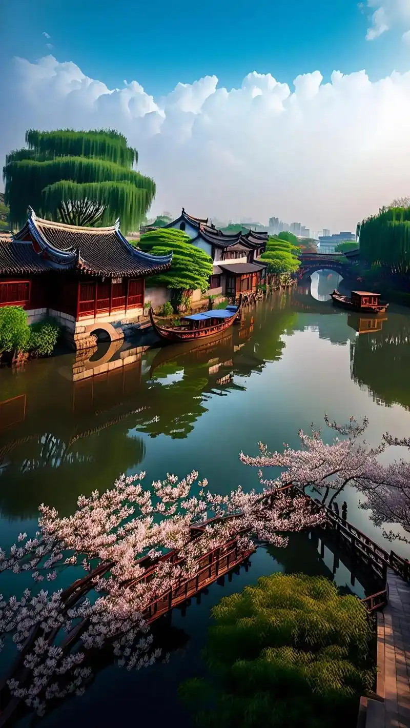 ai 绘画.江南水乡美景,雨后,蓝天白云房屋和树木,湖水,小 - 抖音