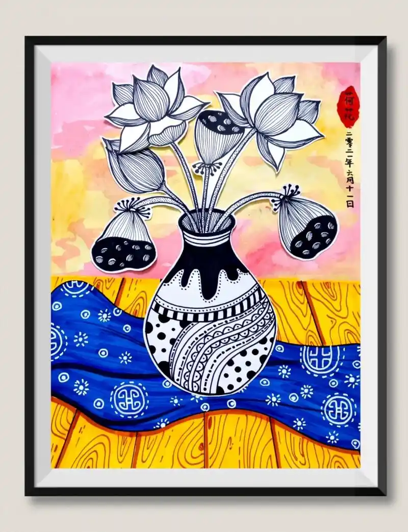 美术——荷花 儿童画荷花,荷花线描,花瓶里的荷花 适合年龄:8—12岁