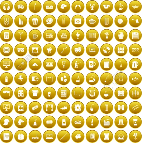 100个休闲象在白色vectr例证隔绝的金圈子设置了100个休闲图标设置