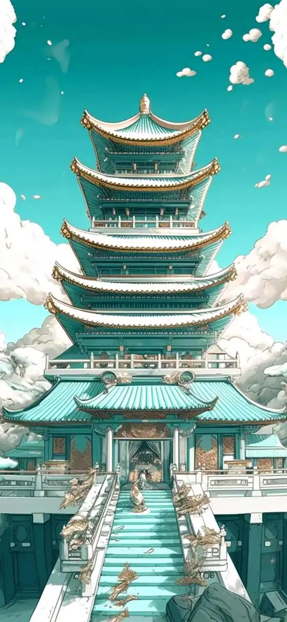 ai生成的一组建筑场景插画,展现了古风的亭台楼阁.