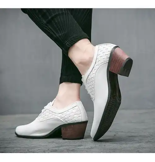 10cm8cm6cm男士休闲皮鞋潮粗跟白色英伦尖头高跟鞋男发型师男鞋酒吧夜