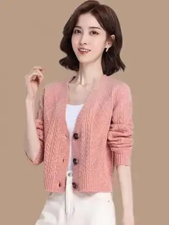 熊迪明春季高腰短款小款开衫毛衣女春装2023年新款外搭女士针织外套