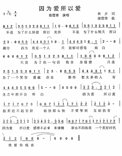 谢霆锋演唱:《因为爱所以爱》简谱