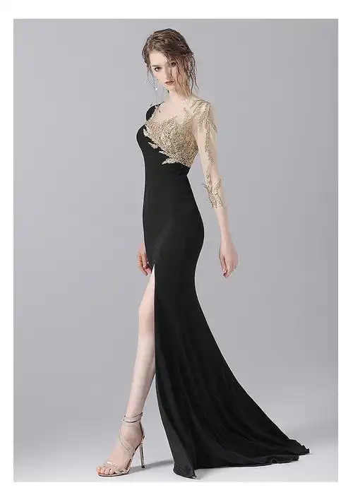 礼服晚礼服2021黑色高贵气场女王主持人演出高端礼服