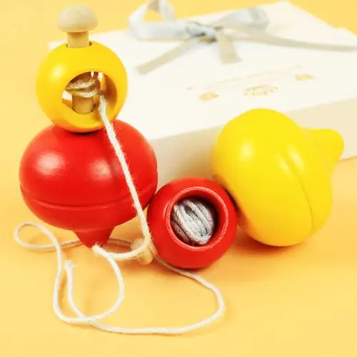 木质拉线陀螺儿童益智亲子游戏怀旧玩具抽拉抽线陀螺木制传统玩具 -