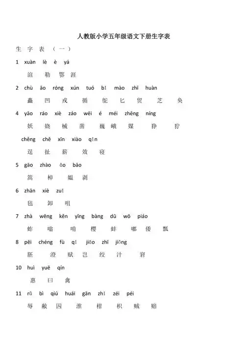 人教版小学五年级语文下册生字表附拼音