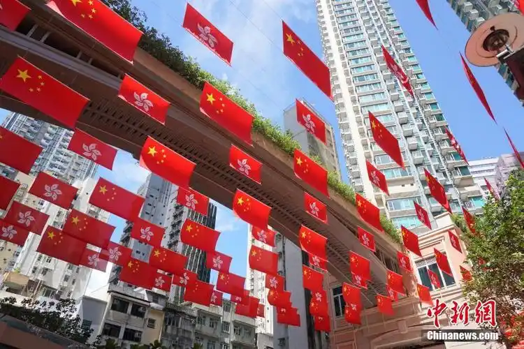 这是利东街首次出现由国旗和区旗组成的"旗海".