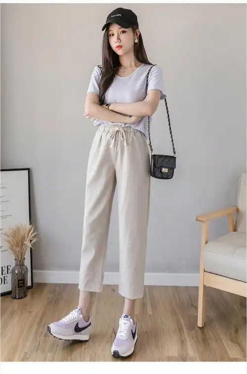 女夏季薄款亚麻休闲裤八分裤小个子阔腿裤哈伦萝卜裤2987粉色两边扣m