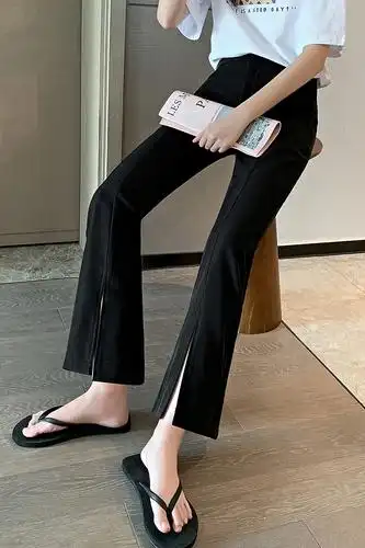 开叉裤女黑色开叉喇叭裤女夏季高腰显瘦修身微喇裤子小个子九分裤