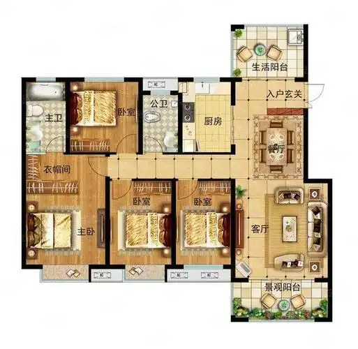 160平米华美四室户型入户既是多功能阳台三卧朝南