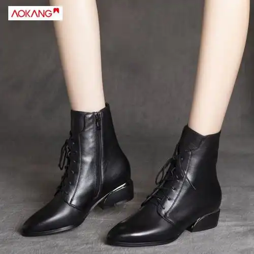 尖头短靴女单靴新英伦风马丁靴中跟粗跟皮鞋女 黑色 单里 38