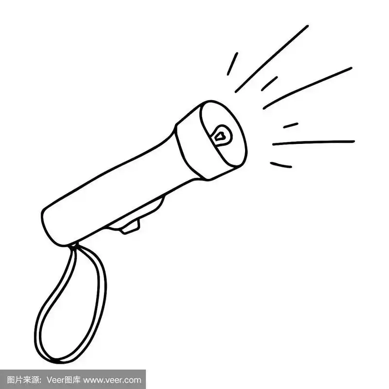 电池供电的手电筒.露营装备.打开灯.黑白矢量插图.