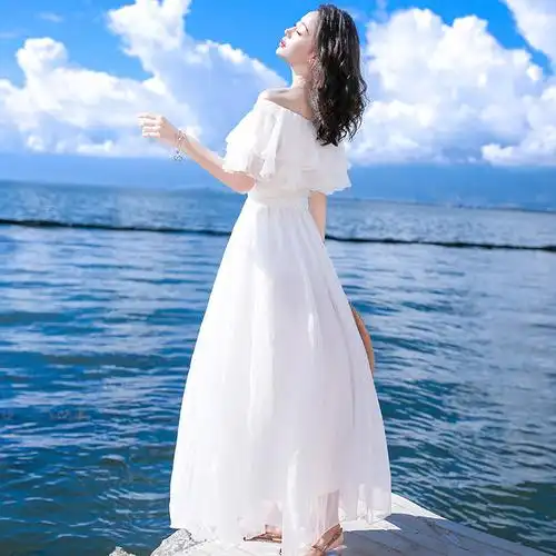 【帝梦思连衣裙图片】2018夏季新款女装收腰白色雪纺连衣裙长裙