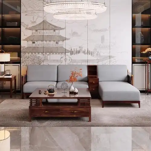 【唯见】新中式简约乌金木布艺转角沙发中国风小户型棉麻不分左右储物