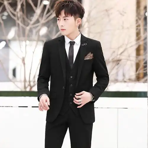 男三件套搭配直筒裤韩版修身帅气商务休闲西装青年职业正装结婚新郎