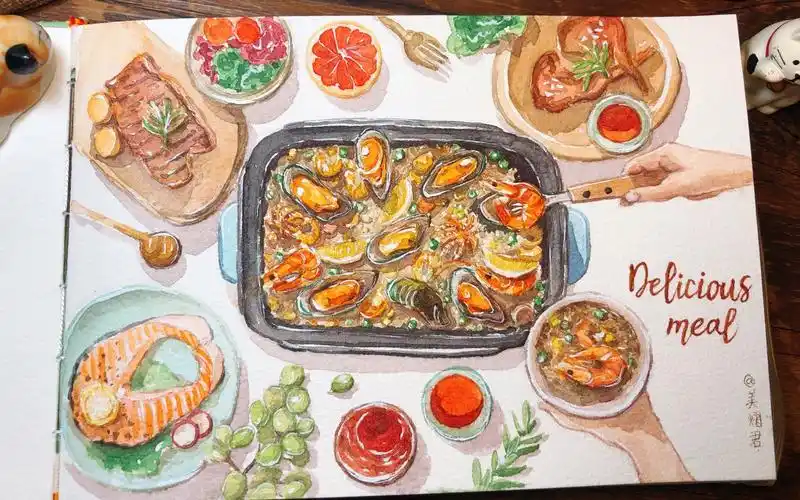 活动作品水彩美食来画一桌美食大餐快来吃