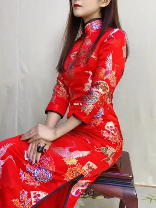 新娘正红织锦缎旗袍敬酒服