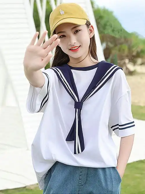 芭拉校服中学生个性纯棉短袖水手女学生新款夏季t恤