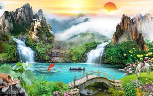 767海报印制展板喷绘17高山流水旭日东升鱼山水风景装饰画