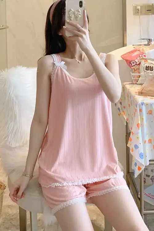 吊带睡衣女夏季纯棉薄款背心甜美蕾丝宽松两件套装家居服学生
