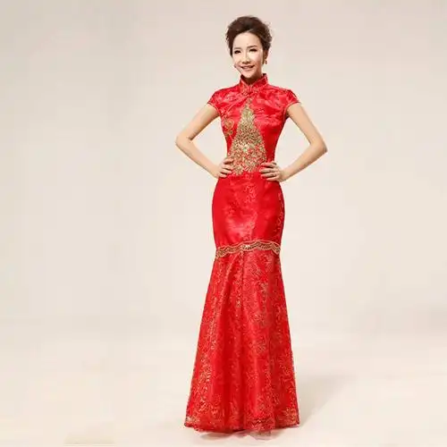 黛米琦 新娘旗袍 结婚旗袍 旗袍裙 复古 长款 缝金丝凤凰 旗袍 改良