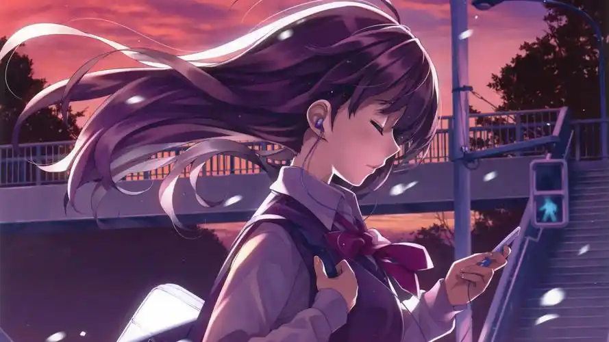 女生闭眼路上风景聆听音乐动漫女生壁纸