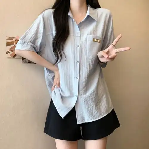 实拍大码女装韩版高级感百搭休闲上衣胖妹妹显瘦遮肉衬衫短袖夏