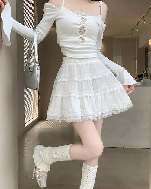 实拍实价 新款甜美辣妹芭蕾风短裙超仙蓬蓬裙高腰显瘦蛋糕a字裙