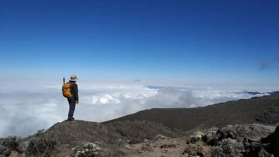 上完陡壁,是个不大的平台,背靠主峰,面对南面的云海.