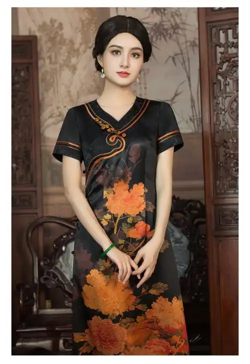 华族经典真丝桑蚕丝高端香云纱定位花妈妈传统旗袍女夏季长款短袖120