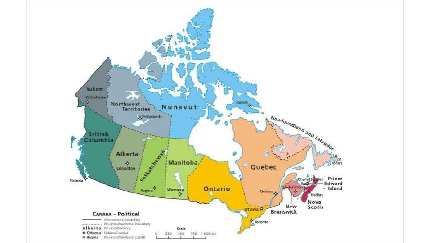 自然科学 天文/地理 加拿大各省及省会 中英文加拿大十省三区地图及