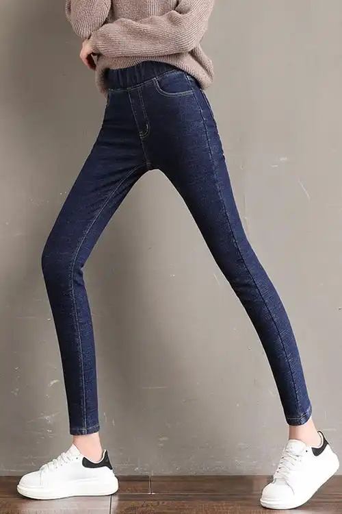 加绒加厚牛仔裤女小脚裤松紧高腰弹力紧身保暖铅笔裤子女