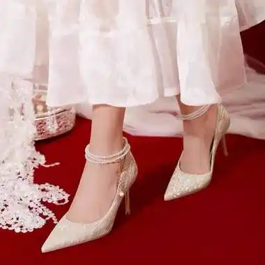 珍珠脚环扣带水晶鞋婚纱秀禾两穿新娘鞋气质婚鞋女法式伴娘高跟鞋