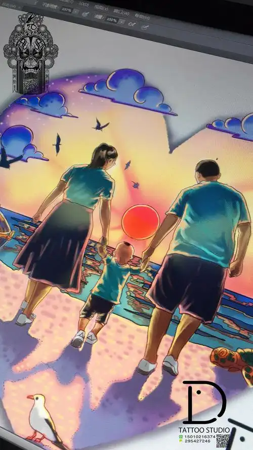 背影纹身 彩色背影纹身 一家三口背影纹身设计图