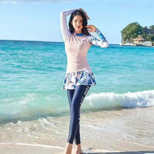 分体泳衣女裙式长袖长裤套装全身显瘦遮肚保守韩国游泳衣
