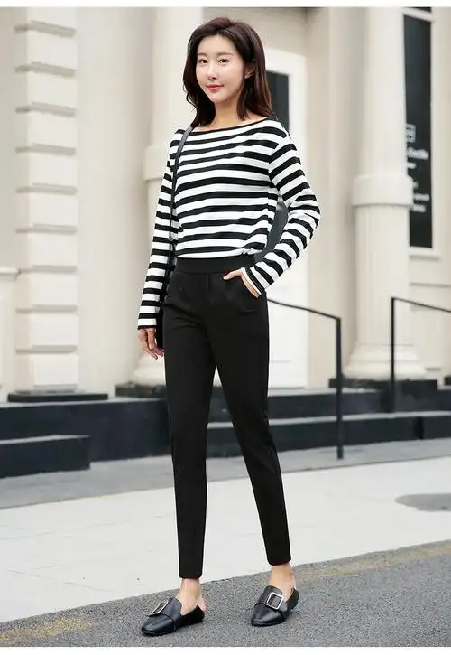 裤子女2018新款哈伦裤女女士外穿高腰女裤休闲小脚工装西裤黑长裤